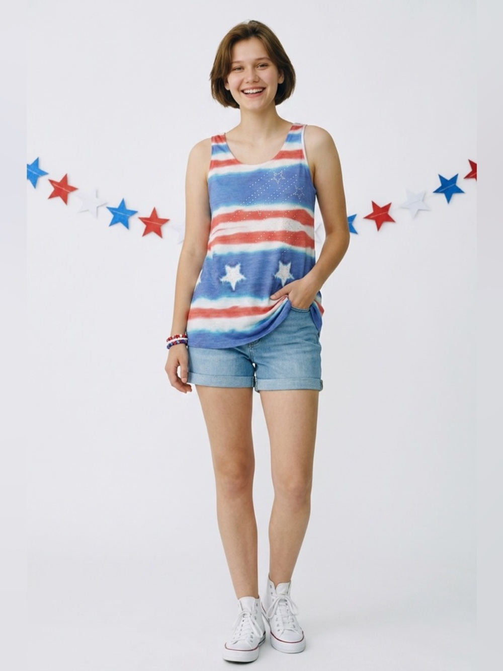 Prairie Rose Patriotic Tank‎ Top L Red White Blue Studded Stars